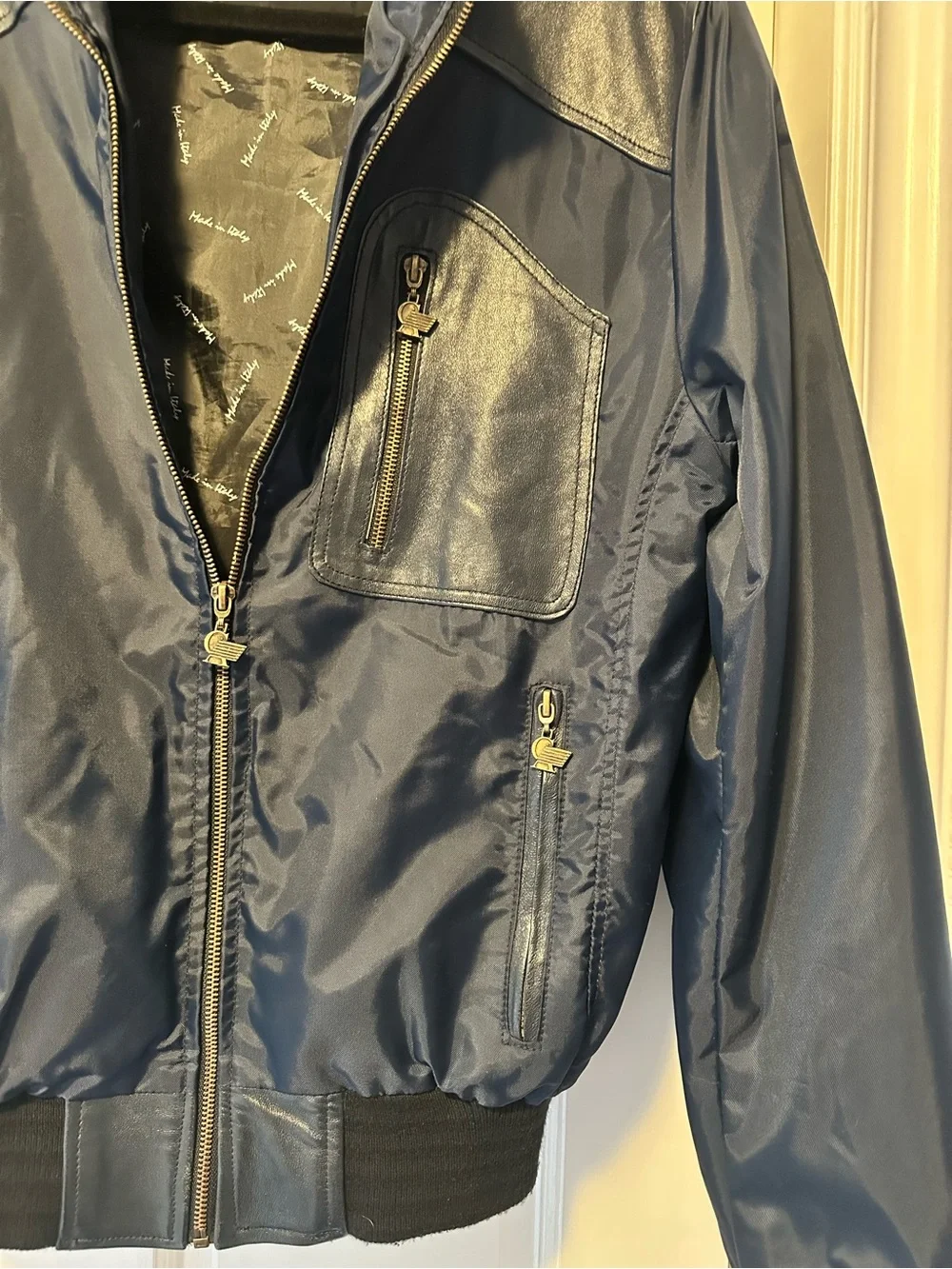 Made in Italy 🇮🇹 Men's Navy Bomber Jacket with leather Trim